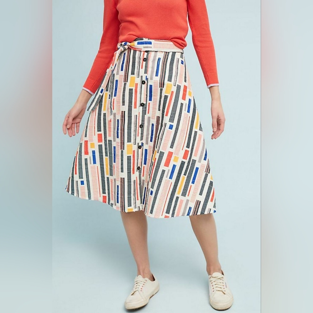 Anthropologie Hutch 50’s Print Button Front A-Line Skirt With Tie Waist Size 10 - Picture 2 of 8